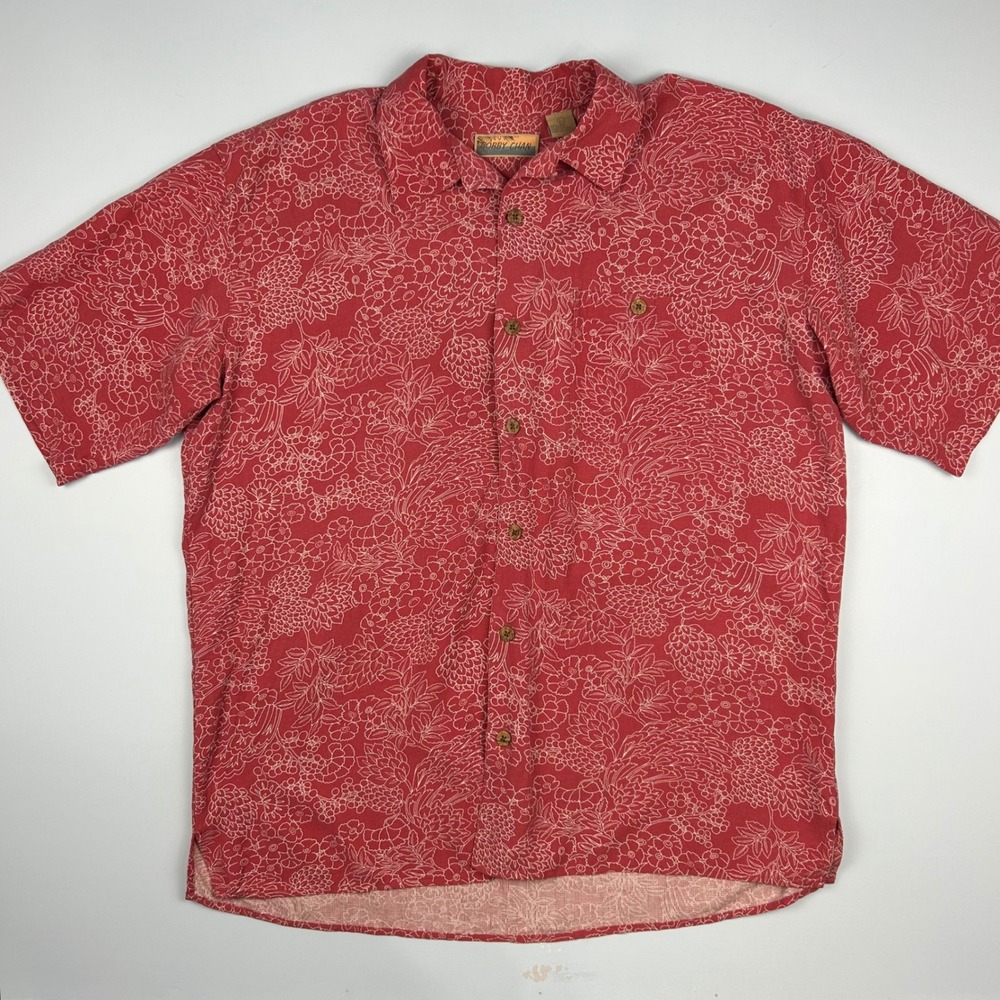 Bobby Chan Mens Red 100% Silk Floral Aloha Hawaiian Shirt Short Sleeve Large